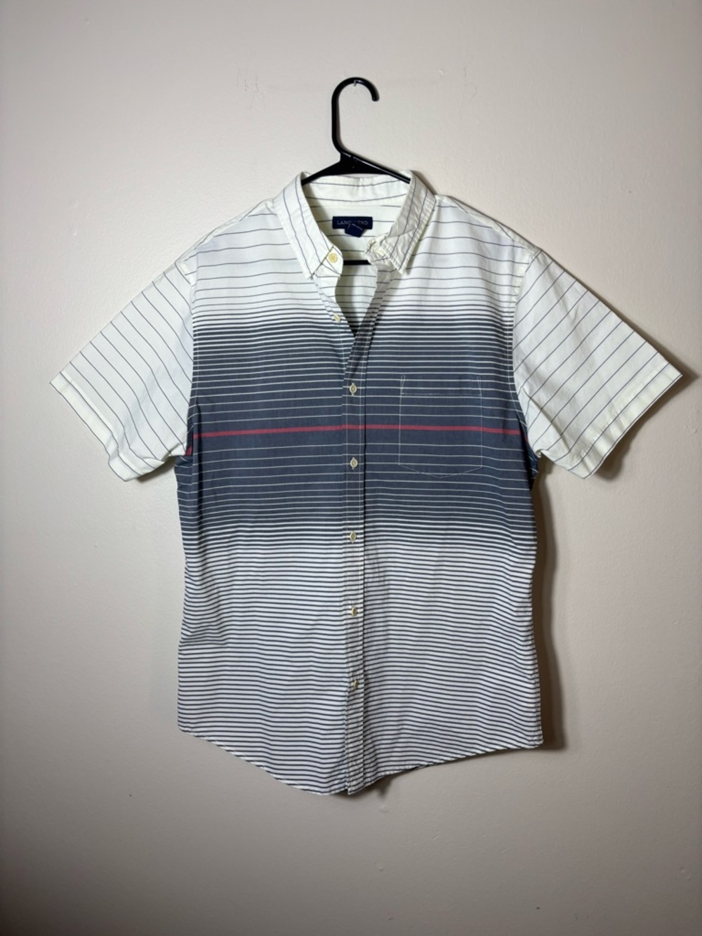 Lands' End Men’s Grey Stripped Short-Sleeve Button-Down Shirt